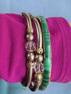Lot 2 Vintage 1970s Bangles Bracelet Malachite Green Coil Wrap Crystal Beads